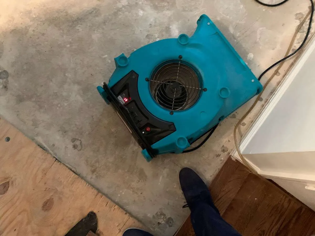 Air mover drying subfloor during Commercial Water Damage Restoration in South Union